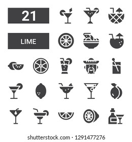 lime icon set. Collection of 21 filled lime icons included Cocktail, Lemon, Margarita, Mexican, Tom yum