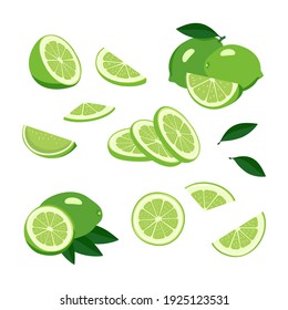Lime icons set. Bright whole fruit, half, slices with leaves. Food for a healthy diet, dessert and lemonade. Elements for spring and summer design. Vector illustration