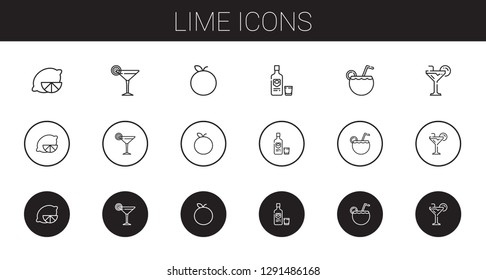 lime icons set. Collection of lime with lemon, cocktail, tangerine, vodka. Editable and scalable lime icons.