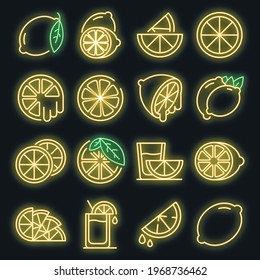 Lime icons set. Outline set of lime vector icons neoncolor on black