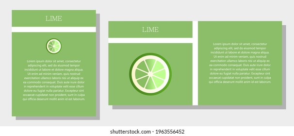 Lime. Information banner or tag in two designs. Description and useful properties of lime. Template for essential oil, spices. Brochure with blank space for text.