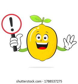 Lime juice character smiles with a warning sign on a white background -vector