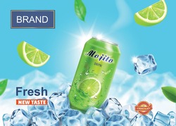 Lime Juice Drink Advertising. Refreshing Mojito Ads Aluminium Can In Ice Cubes On Snow Mountains Background. Vector Mojito Cocktail In Ice Cubes.