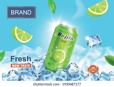 Lime juice drink advertising. Refreshing mojito ads aluminium can in ice cubes on snow mountains background. Vector mojito cocktail in ice cubes.