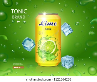 Lime juice drink advertising Vector mojito cocktail with ice cubes