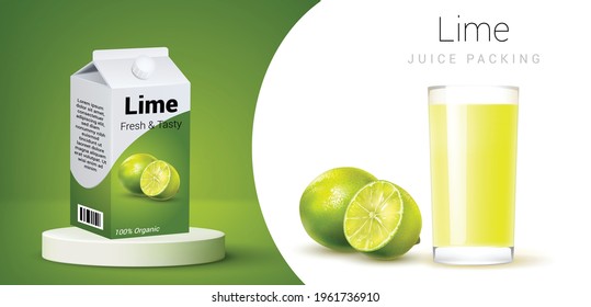 Lime Juice Drink Carton Mockup In 3d Illustration. Plastic Juice Bottle Brand Concept Isolated. Bottle Label, Package Template Design, Label Design, Mock Up Design Label Template