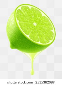 Lime juice dripping from fresh ripe lime, isolated on transparent background. Green ripe lime with fresh juice. Bright summer tropical design. Realistic 3d vector illustration