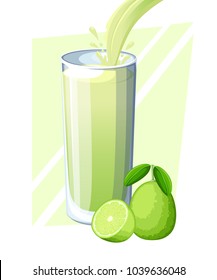 Lime juice. Fresh fruit drink in glass. Lime smoothies. Juice flow and splash in full glass. Vector illustration isolated on white background. Web site page and mobile app design