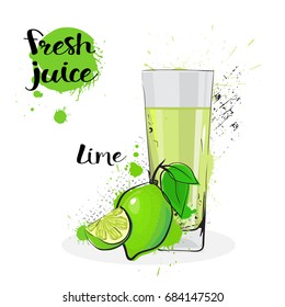 Lime Juice Fresh Hand Drawn Watercolor Fruits And Glass On White Background Vector Illustration