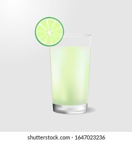 Lime juice and fruit with leaves isolated on background. Vector illustration in realistic style.