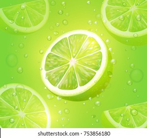 Lime juice green background. Refreshing citrus drink with bubbles and drops. Mojito vector cocktail illustration