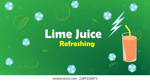 Lime juice and ice cubes, lemon slice, orange beverage, green color flat abstract background