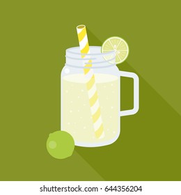 lime juice in mason jar, flat design with long shadow