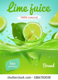 Lime juice poster. Ads placard with fresh fruits and juice splashes healthy liquid products tonic or mojito decent vector realistic illustrations