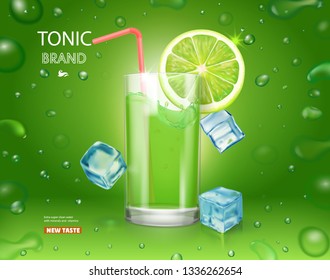 Lime juice poster with ice cubes. Mojito cocktail advertising design. Citrus tonic drink on green glitter background