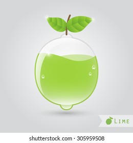 lime juice in a lime shaped glass with leafs. vector.