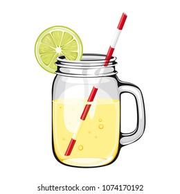 Lime juice, smoothie, in a mason jar with a straw, DECORATED with a SLICE of lime. Vector healthy drink with orange fruit on white background.  lemonade