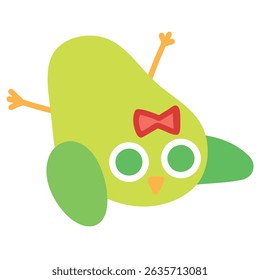 Lime kiwi coloured bird girl tripping over and falling in cute pose. Silly cartoon bird with red bow on top of head for decoration. Suitable for stickers, icons, mascots, magazines. Vector, EPS 10.
