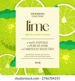 Lime label design with citrus, slices, leaves. Fresh green template for beverage labels, lemonade packaging, organic product, juice bottles, food branding. Vector illustration