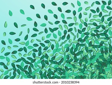 Lime Leaf Swirl Vector Blue Background Pattern. Nature Leaves Banner. Mint Foliage Ecology Template. Greens Realistic Poster.
