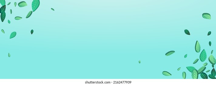 Lime Leaves Ecology Vector Panoramic Blue Background Pattern. Organic Foliage Concept. Grassy Greens Herbal Template. Leaf Motion Border.