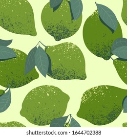 Lime with leaves. Seamless pattern. Limes have a texture. Green lemons.
