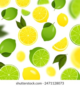 Lime and lemon background. Flying whole, half and slices of fresh lime and lemon