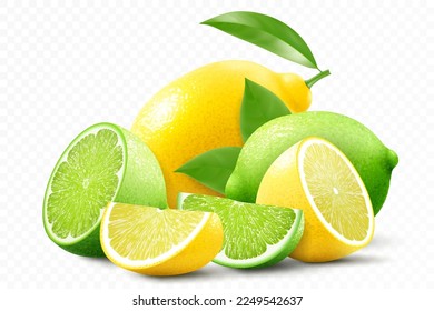 Lime and lemon composition. Fresh citrus fruits. Whole, halves and slices fruits. Realistic 3d vector illustration