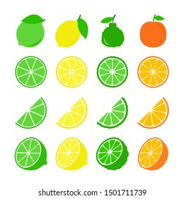 Lime and lemon icon vector, flat slice orange citrus, bergamot isolated on white background. Tropical fruits, Raw and vegetarian illustration