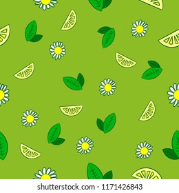 Lime, lemon , mint, and chamomile on green background vector Seamless pattern.