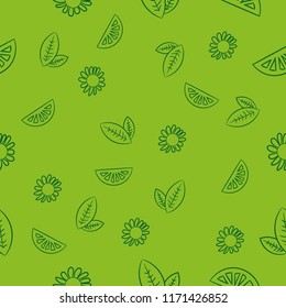 Lime, lemon , mint, and chamomile on green background vector seamless pattern.