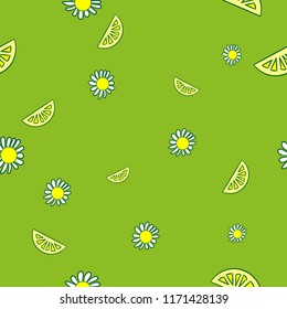Lime, lemon , mint, and chamomile on green background vector Seamless pattern.