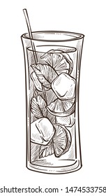 Lime lemon and mint mojito cocktail in glass isolated sketch vector fruit slices herb and ice glassware and straw monochrome drawing beach bar, summer drink or beverage mix ingredients and alcohol