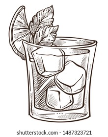 Lime or lemon and mint, rum and coke cocktail in glass isolated sketch vector. Fruit slice and herb with ice in glassware monochrome drawing. Beach bar, drink or beverage, mix ingredients and alcohol