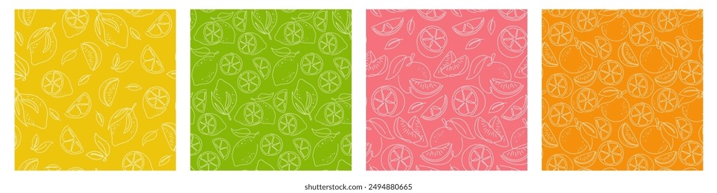 Lime, lemon, orange, grapefruit outline seamless Pattern collection. Doodle Sketch Citrus fruits Background. Cute colorful illustration set for package, cover, label, textile design