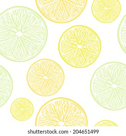 Lime, lemon and orange slices seamless pattern. Hand drawn background. White back.