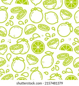 Lime, lemon, orange vector seamless pattern in outline style. Citrus fruits for package, kitchen design, fabric and textile. Citrus wallpaper