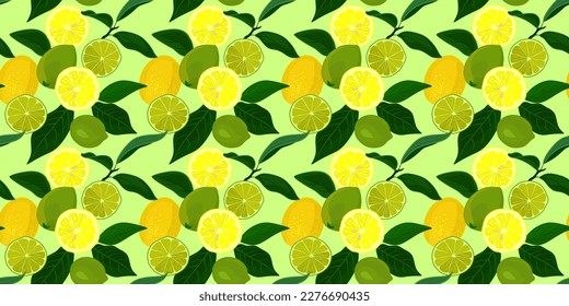 Lime and lemon Seamless Pattern. Citrus Fruit Vector Illustration Background. Vintage garden print, texture, fabric, wallpaper, backdrop, textile. Leaves, limes and lemons design elements.
