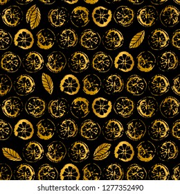 Lime or lemon seamless pattern. Print lemons. Citrus fruit background. Elements for menu, greeting cards, wrapping paper, cosmetics packaging, tea packaging. Gold on black.