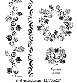 Lime or lemon set. Garland, wreath, bouquet. Print lemons. Citrus fruit background. Elements for menu, greeting cards, wrapping paper, cosmetics packaging, tea packaging. Black on white background.