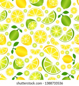Lime and lemon slice with green leaves on white background. Tropical fruits. vegetarian food. Seamless pattern colorful. Vector illustration. - Vector