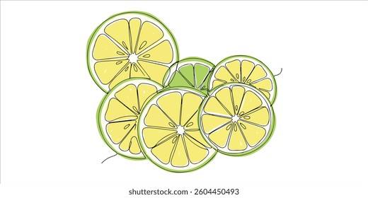 Lime and lemon slices continuous single line art drawing sketch on white background