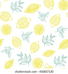 Lime, lemon slices seamless pattern. Hand drawn in ink background. White back.