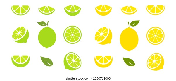 Lime and lemon slices set. Citrus fruits collection. Vector illustration isolated on white.