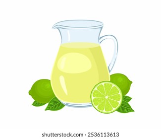 Arremessador de limonada de limão isolado em fundo branco. Ilustração em desenho animado vetorial de suco de citrinos fresco em jarra de vidro.