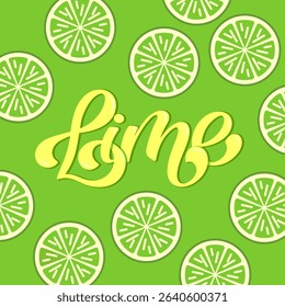 Lime lettering illustration with hand drawn lime pattern, vector eps10. Template for label, clothes, cover, poster, card, banner, social media