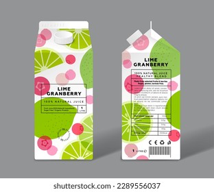 Lime and lingonberry or cranberry.  Transparent fruits, slices of fruits and red berries. Template packaging design.