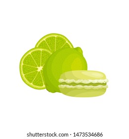 Lime macaroons. Vector traditional french cookies in cartoon style. Composition of lime and macaroon isolated on white background. Banner with almond cookies.