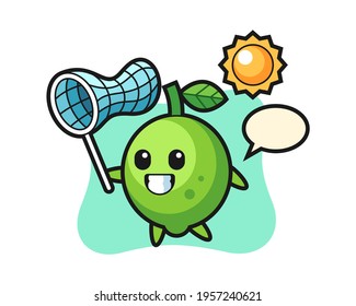 Lime mascot illustration is catching butterfly, cute style design for t shirt, sticker, logo element