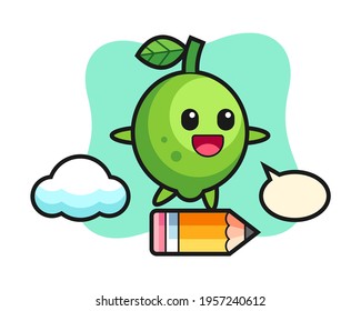 Lime mascot illustration riding on a giant pencil, cute style design for t shirt, sticker, logo element